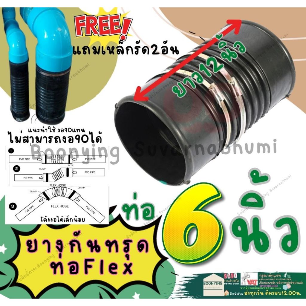 ท่อเฟล็กซ์ ท่อยางกันทรุด ท่อย่น FLEX ขนาด 6 นิ้ว ยาว 12 นิ้ว ข้อต่ออ่อนพร้อมกิ๊บรัด แบบสั้น สีดำ