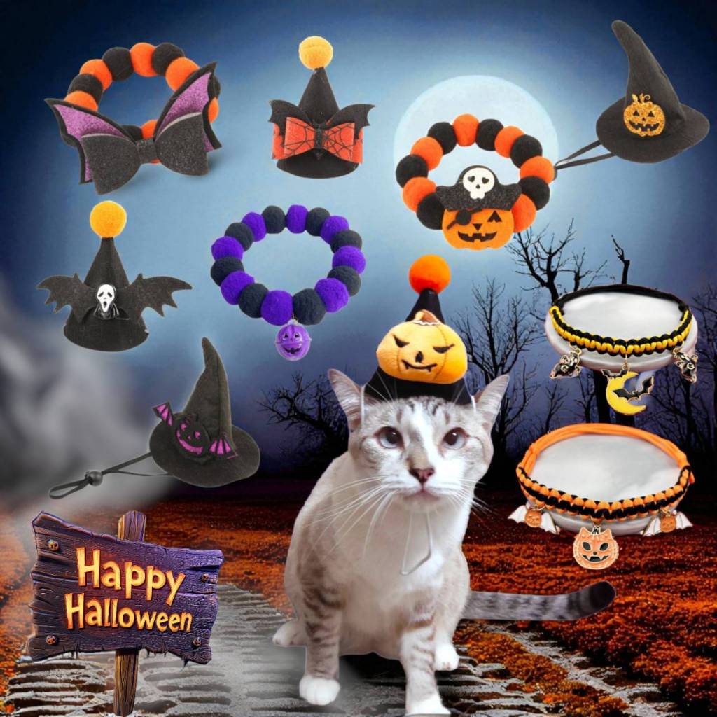 (HW06)ปลอกคอ หมวก และสร้อยคอสายถัก หมา แมว ลายน่ารัก ธีม Halloween (พร้อมส่งจากไทย!)