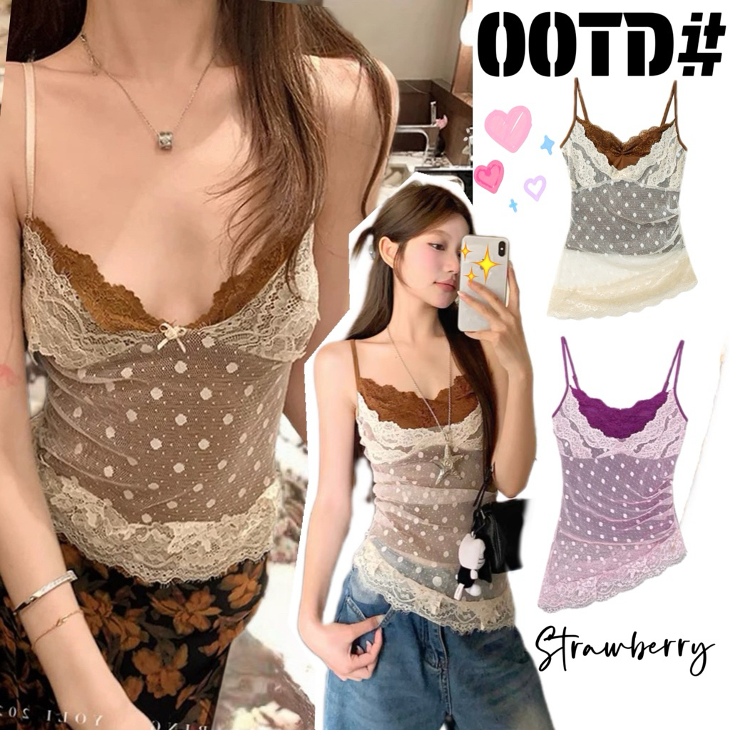 STR พร้อมส่ง🍁☔️ เสื้อสายเดี่ยวผู้หญิง แต่งลูกไม้ ดีไซน์2ชิ้นติดกับ มีฟองน้ำ เสื้อครอปทรงรัดรูป สไตล์สาวฮอต ขุดไปเที่ยว