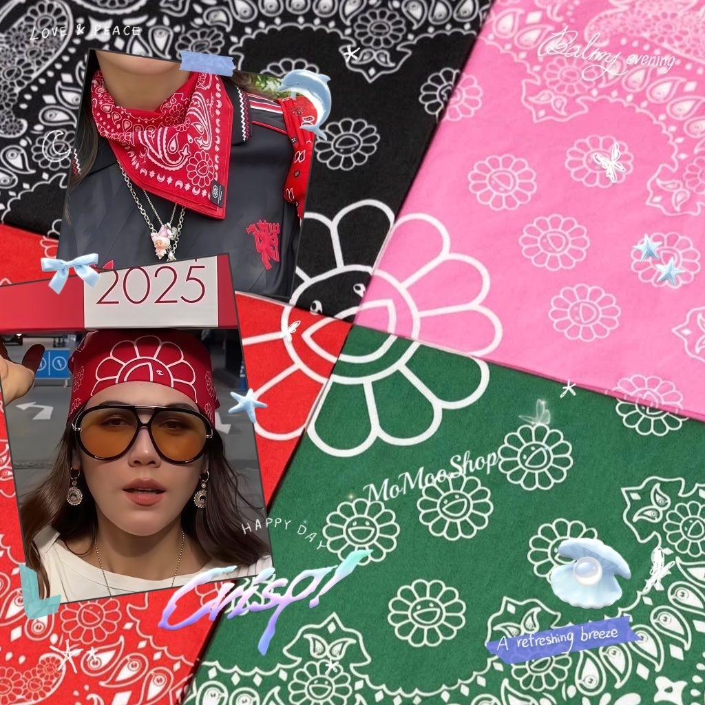 (🇯🇵แท้💯/พร้อมส่ง🌈) Takashi Murakami Bandana พันหูกระเป๋า พันคอ โพกผม.❤️🩷🖤