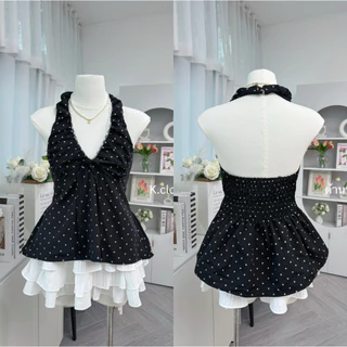 Dolly Dot Halter” – เสื้อลายจุดคอผูกทรงตุ๊กตา เสื้อคล้องคอเว้าหลังงานน่ารักมาก💗เสื้อผ้าผู้หญิง