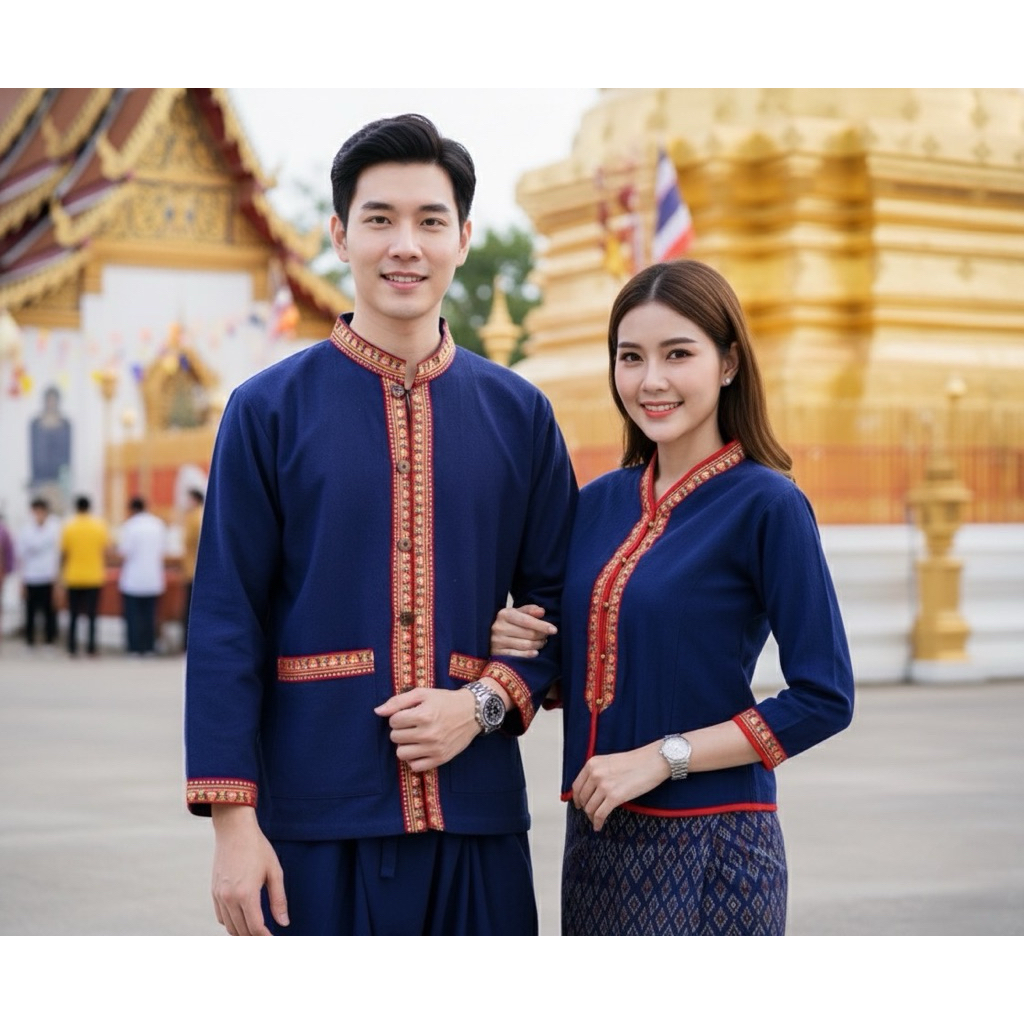 เสื้อพื้นเมืองภูไท สีกรมแถบแดง คู่ ชาย/หญิง