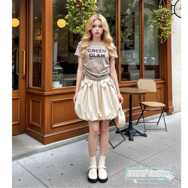 เสื้อครอปเชือกรูดเอวย่น สกรีนกำมะหยี่ ผ้ายืดพรีเมี่ยมนิ่มใส่สบาย