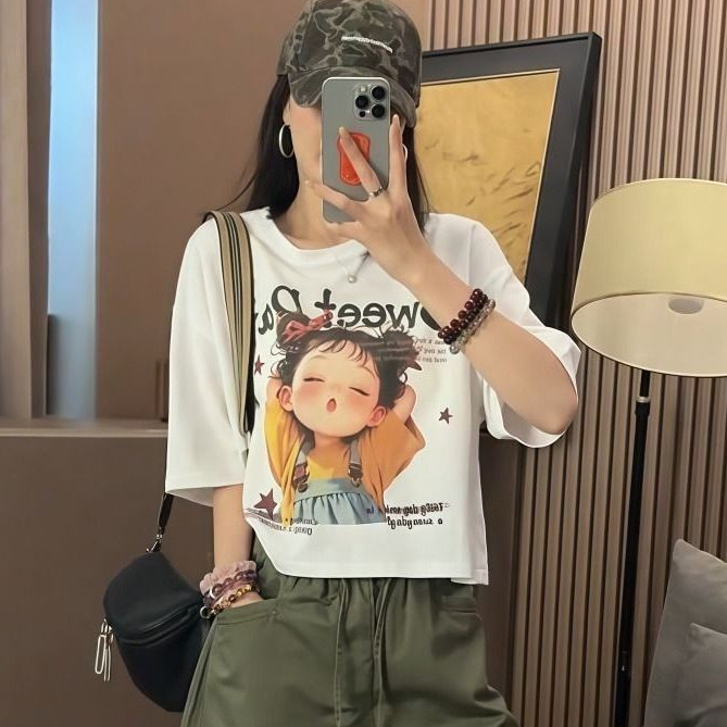 เสื้อครอปแขนสั้นผู้หญิงฤดูร้อนใหม่ oversize เสื้อผ้าสาวอวบไซส์ใหญ่น่ารัก เสื้อยืดสวยผู้หญิงแฟชั่นสไตล์เกาหลี สกรีนลายเท่