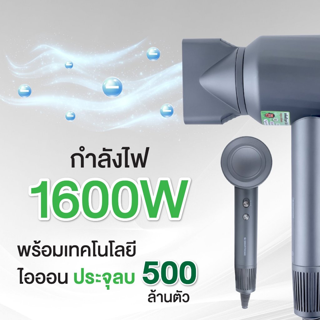 SMARTHOME Hair Dryer 1600วัตต์ ไดร์เป่าผม ไดร์เป่าผมความแรงสูง มีไอออนลบ ลดผมชี้ฟู แห้งเร็ว รุ่น SHD