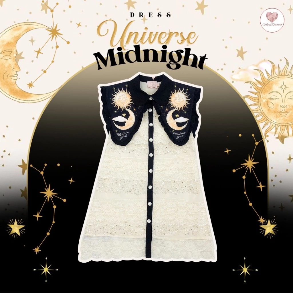 (มี3XL) Universe Midnight Dress เดรสทรงปล่อยผ้าลูกไม้&ผ้าปักเลื่อมตัดต่อเลเยอร์ ปกกะลาสีโค้ง กระดุมหน้า มีซับใน