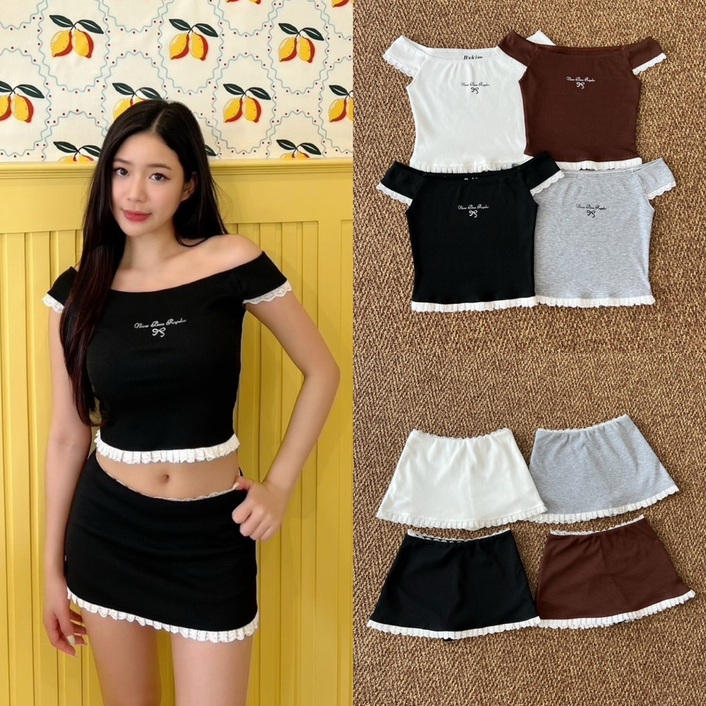 Off Shoulder Lace Top เสื้อปาดไหล่แขนสั้นพิมพ์ลายแต่งลูกไม้ (Bykim🏷️)