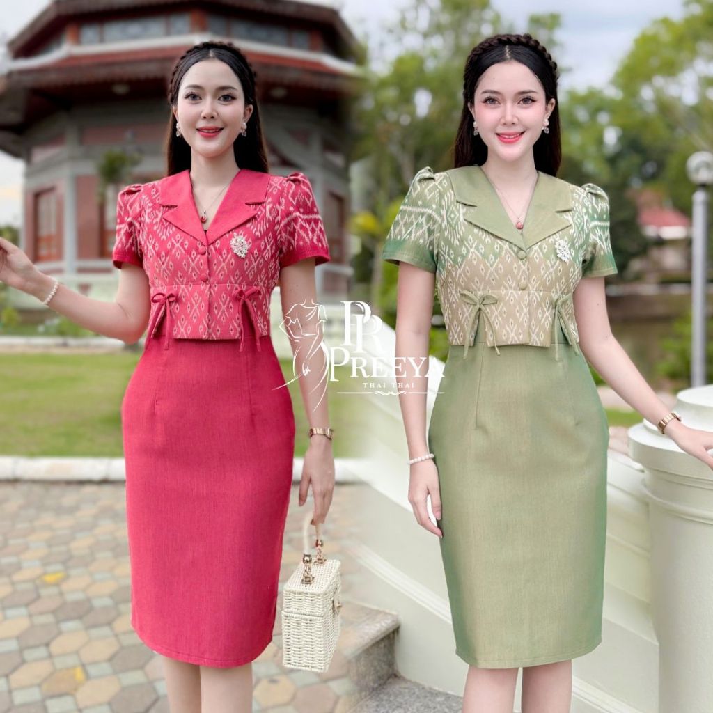 PR158 เดรสผ้าฝ้ายทอลาย ยกแขน อัดกาวทั้งชุด แบรนด์ preeya มีไซส์S-4XL