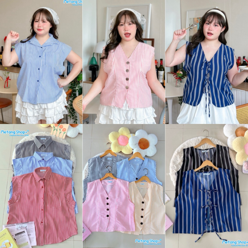 MT เสื้อแขนกุด/แขนล้ำ ลายริ้ว น่ารักแมตช์ง่าย ไซส์ใหญ่ สาวอวบ