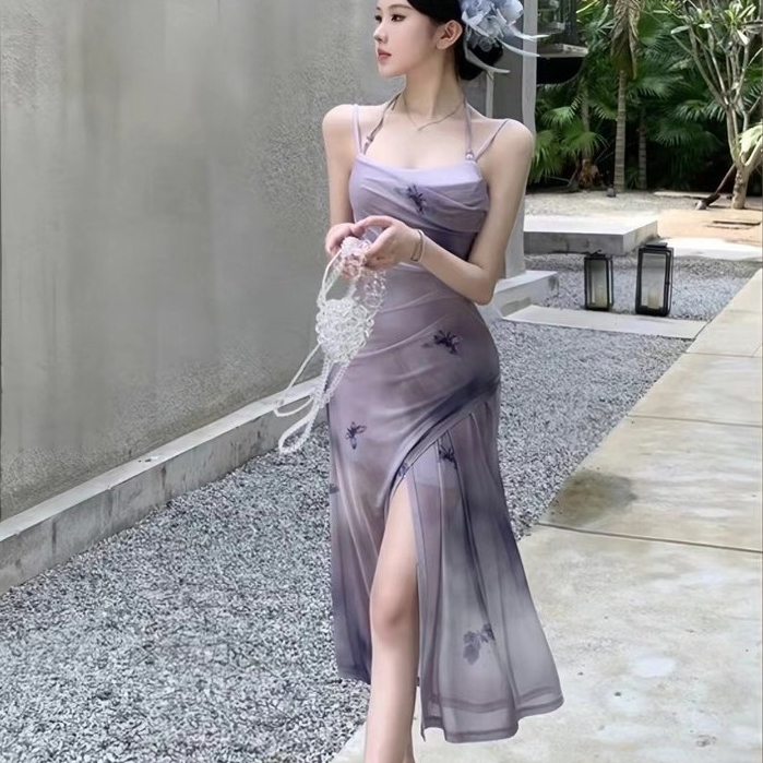 ชุดสีม่วง ออกงาน น่ารัก ไปทะเล เกาหลี เปิดไหล่ แฟชั่น ยาว เดรสแฟชั่น ชุดราตรี floral dress