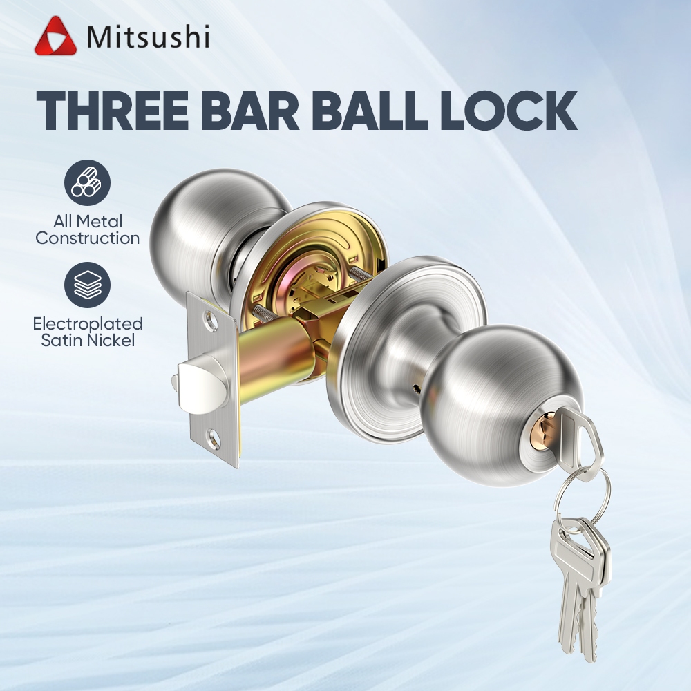 Mitsushi  ลูกบิดประตูห้องนอนแบบกลม พร้อมกุญแจ 3 ดอก รุ่นSanding Silver สามแท่งล็อก