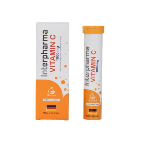 INTERPHARMA VITAMIN C 1000 MG 20 TAB วิตามินซีแบบเม็ดฟู่ รสส้ม อร่อย สดชื่น ไม่มีน้ำตาล