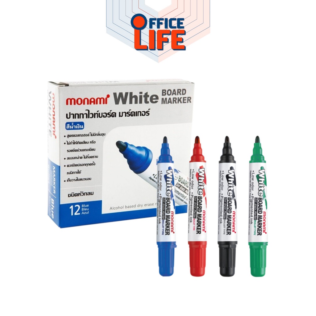 Monami (โมนามิ) ปากกาไวท์บอร์ด รุ่น BM-500S สี น้ำเงิน, ดำ, แดง, เขียว ปลอดสารพิษ ไม่มีกลิ่นฉุน ( 12 ด้าม / กล่อง )
