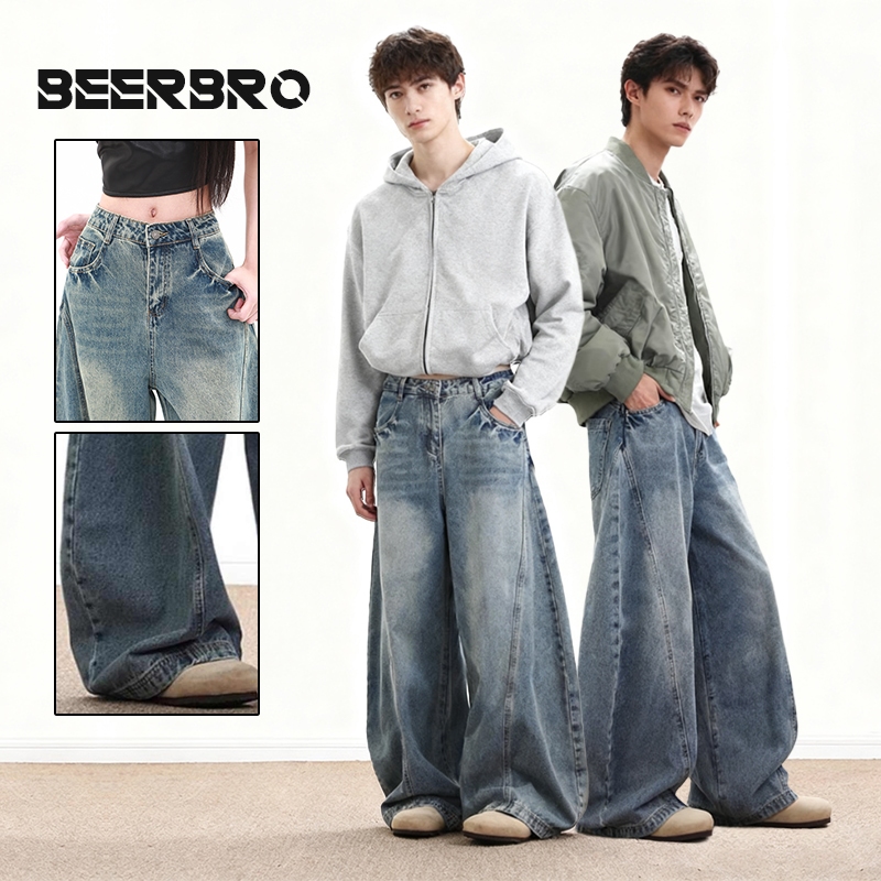 beerbroth- กางเกงยีนส์ยาวชาย ทรงกระบอกเอวสูง สีฟ้าอ่อน ขากว้าง Baggy Jeans  ทรงหลวม สไตล์อเมริกันเรโทร ไซส์ใหญ่ เท่ๆ
