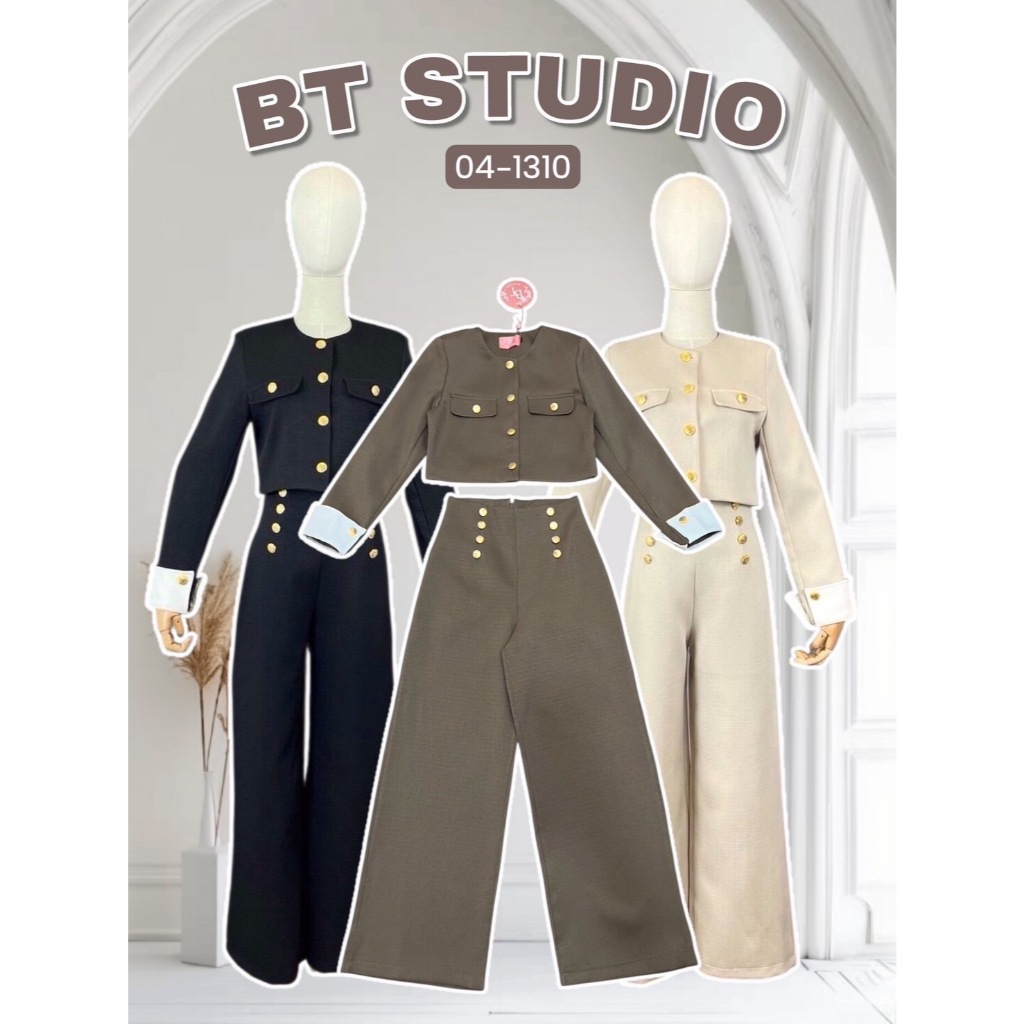 BT 04-1310 เซท 2 ชิ้น เสื้อเบเซอร์แขนยาว กระเป๋าหลอกกระดุมสีทองปั้มลาย พร้อมกางเกงขายาวแต่งกระดุมสีทอง มีซับใน