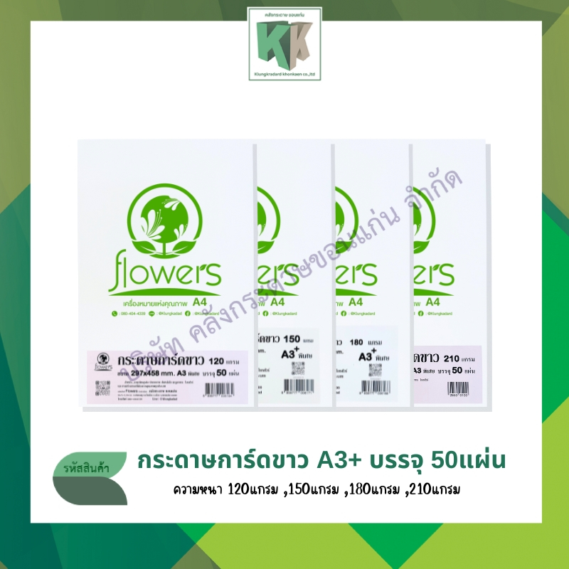 กระดาษการ์ดขาว ทำปก สีขาว A3 (พิเศษ 29.7x45.8 ซม.) หนา 120 / 150 / 180 แกรม 50แผ่น/ห่อ | คลังกระดาษ