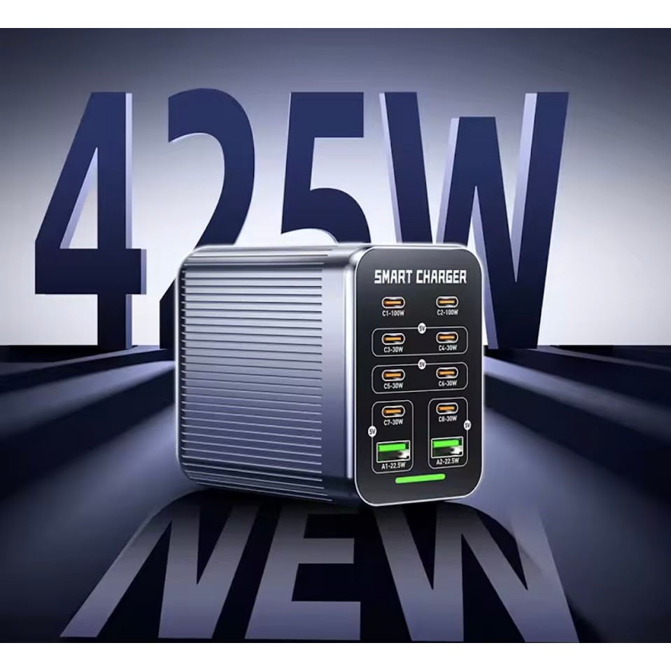 ที่ชาร์จ GaN 425W พอร์ต USB Type C 10ช่อง รองรับ PPS PD 100W แท่นชาร์จเร็วแบบตั้งโต๊ะสำหรับสมาร์ทโฟน แท็บเล็ตและแล็ปท็อป