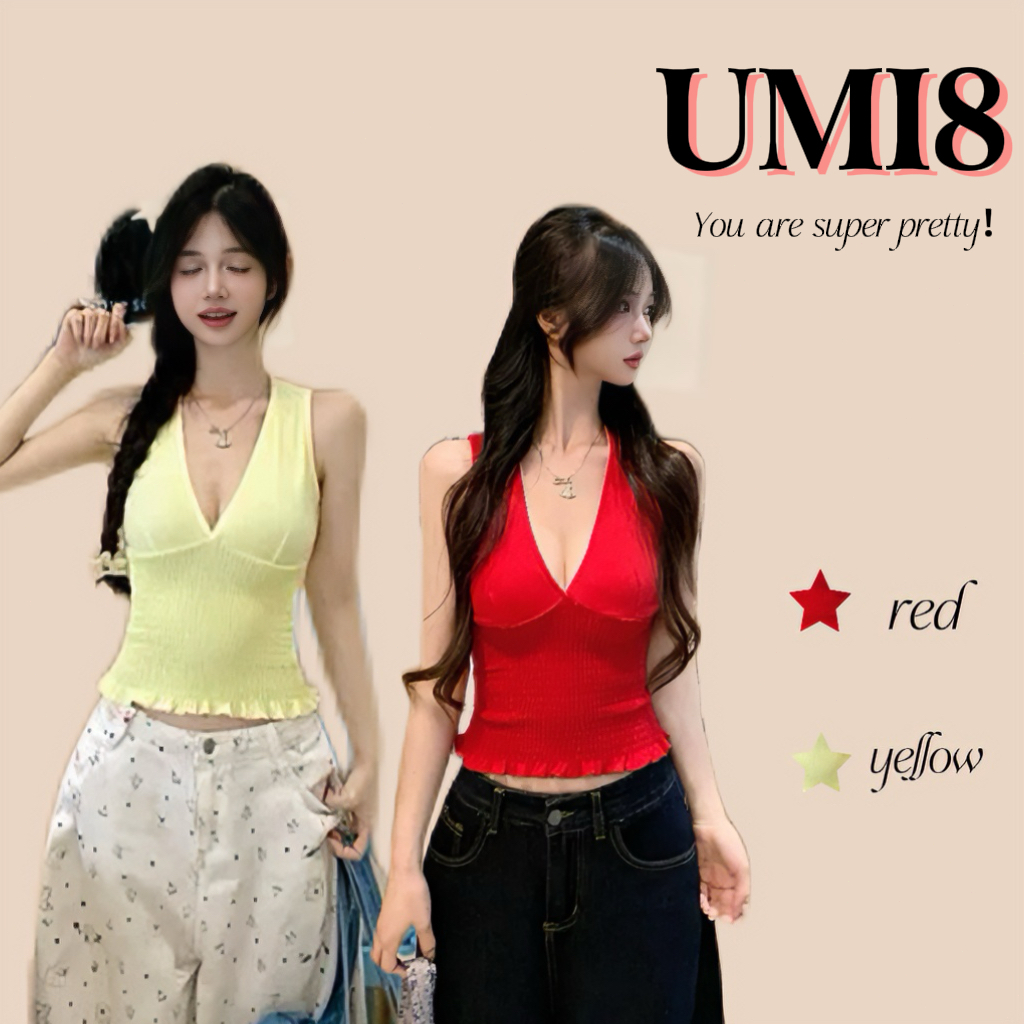 UMI8💝【ในสต็อก】💝เสื้อกล้ามคอวีแขนกุดผู้หญิงฤดูร้อน เสื้อครอปเข้ารูป สไตล์เกาหลี เซ็กซี่ สาวฮอต