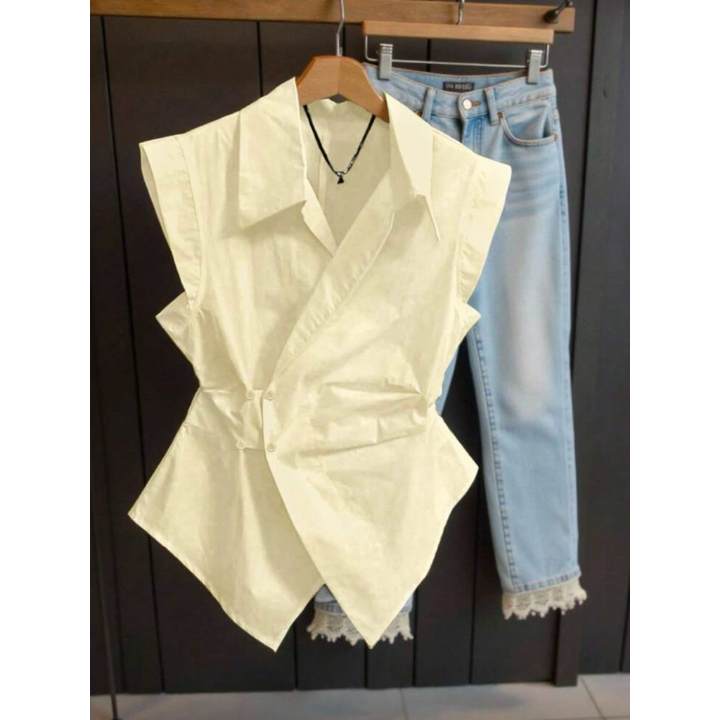 เสื้อเชิ้ตแขนกุด สีพื้น ทรงหลวม เสื้อแขนกุดสุภาพ แบบเบาๆ สำหรับผู้หญิง