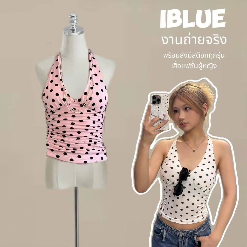 iBlueพร้อมส่ง💎เสื้อคล้องคอลายจุด ทรางรัดรูปคอวีลึก ปิดหล สไตล์ผูกโบว์ Polkado ชุดไปเที่ยวเซ็กซี่แฟชั่น สำหรับผู้หญิง