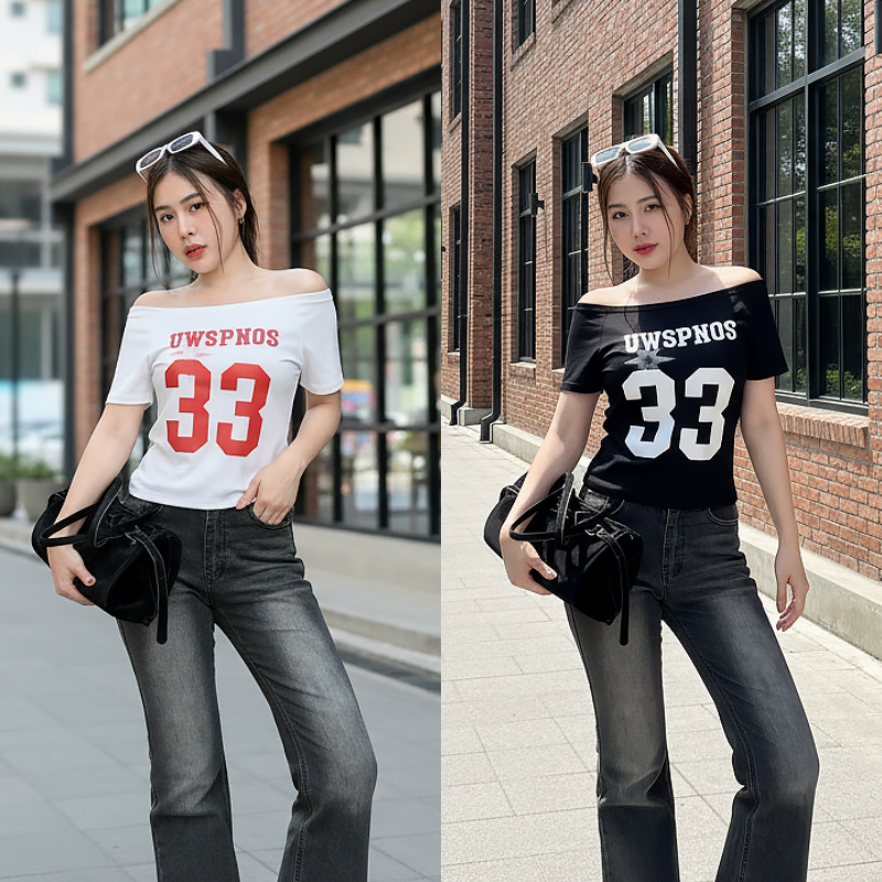 SpinnyHouse เสื้อปาดไหล่แขนสั้น ปาดไหล่ เสื้อปาดเฉียง สกรีนลายเกร๋ สไตล์สตรีท Y2K รุ่น สไลเดอร์แขนสั้น UW33