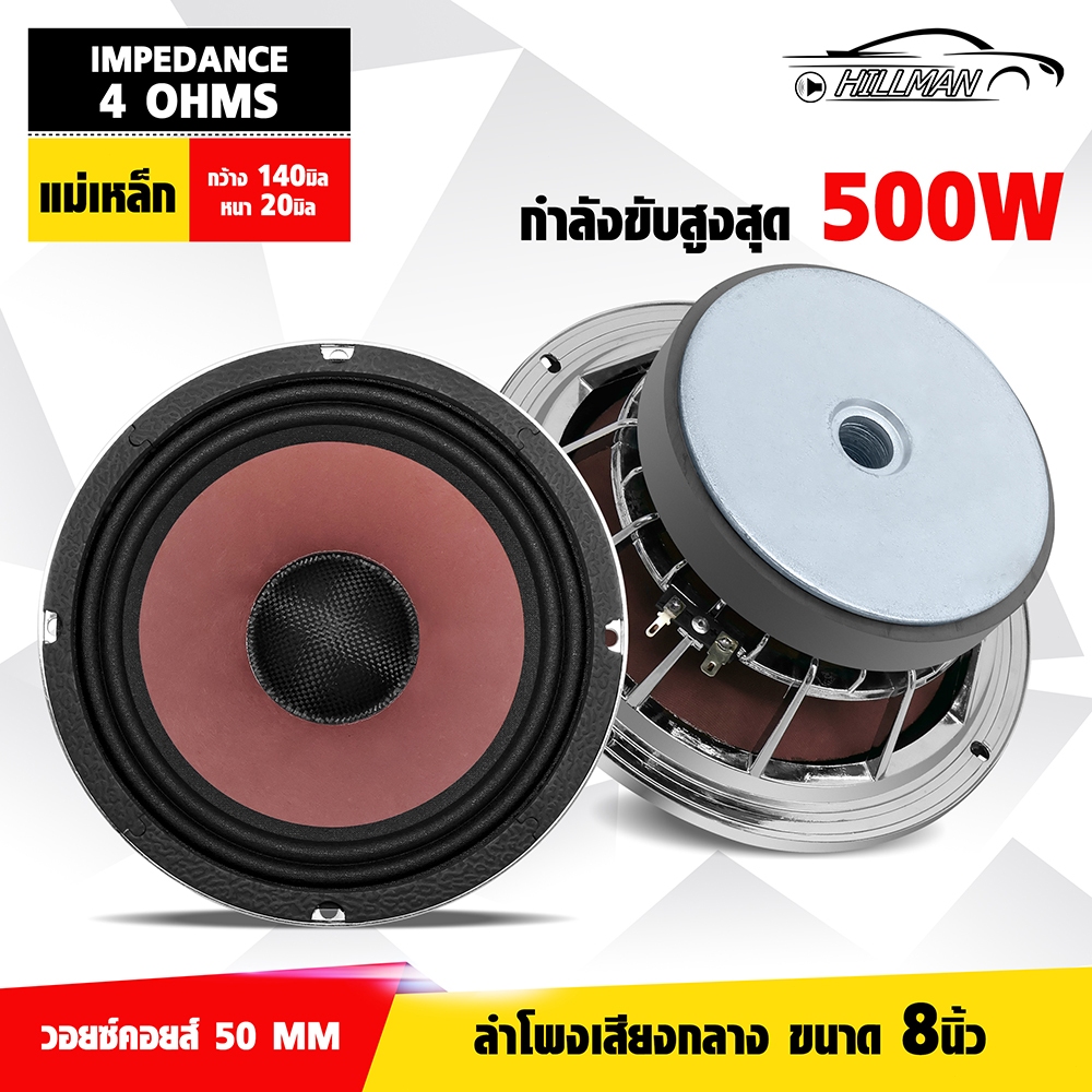 HILMAN ลำโพงเสียงกลาง ขนาด8นิ้ว ความสูงของแม่เหล็กเมื่อรวม ทีโยค-วอชเชอร์ 27mm รองรับกำลังขับสูงสุด 500W MAX