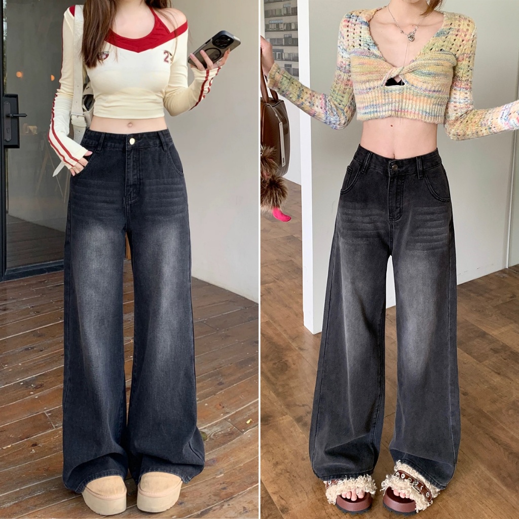 cherryshop พร้อมส่ง กางเกงยีนส์ทรงตรงเอวสูงสไตล์เรโทรสำหรับผู้หญิงเกาหลี แบล็กเกรย์ สไตล์สลิมฟิต ขากว้าง หลวมและสบาย
