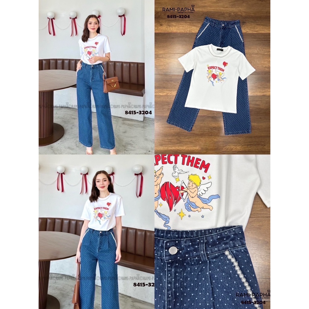 พร้อมส่ง เติม SML⚡️RM 8415 เสื้อ+กางเกงยีนส์ลายจุด แต่งไข่มุก สวยเก๋ โคเลียสไตล์