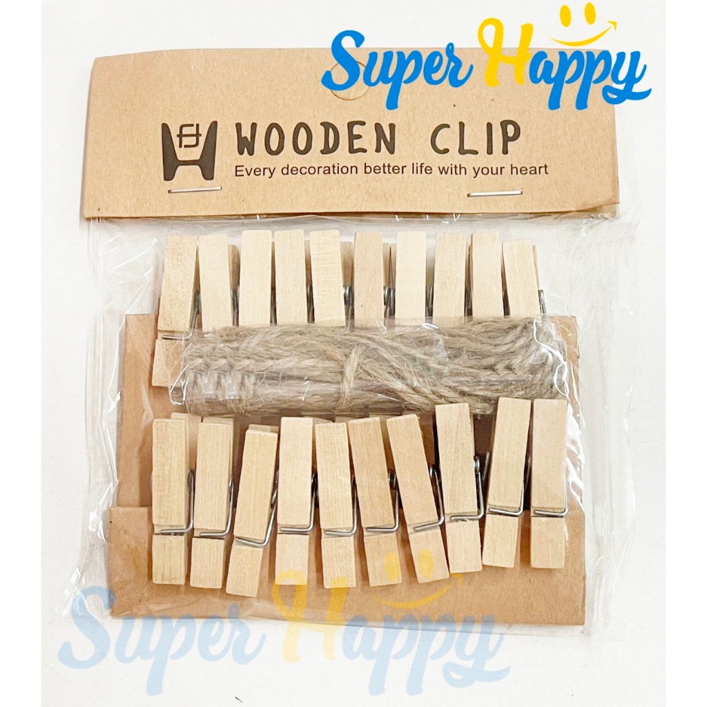 คลิปหนีบไม้ 3.5cm (พร้อมเชือกป่าน) 20 ชิ้น ตัวหนีบไม้ตกแต่ง หนีบรูปภาพ การ์ด สื่อการสอน Wooden Clip