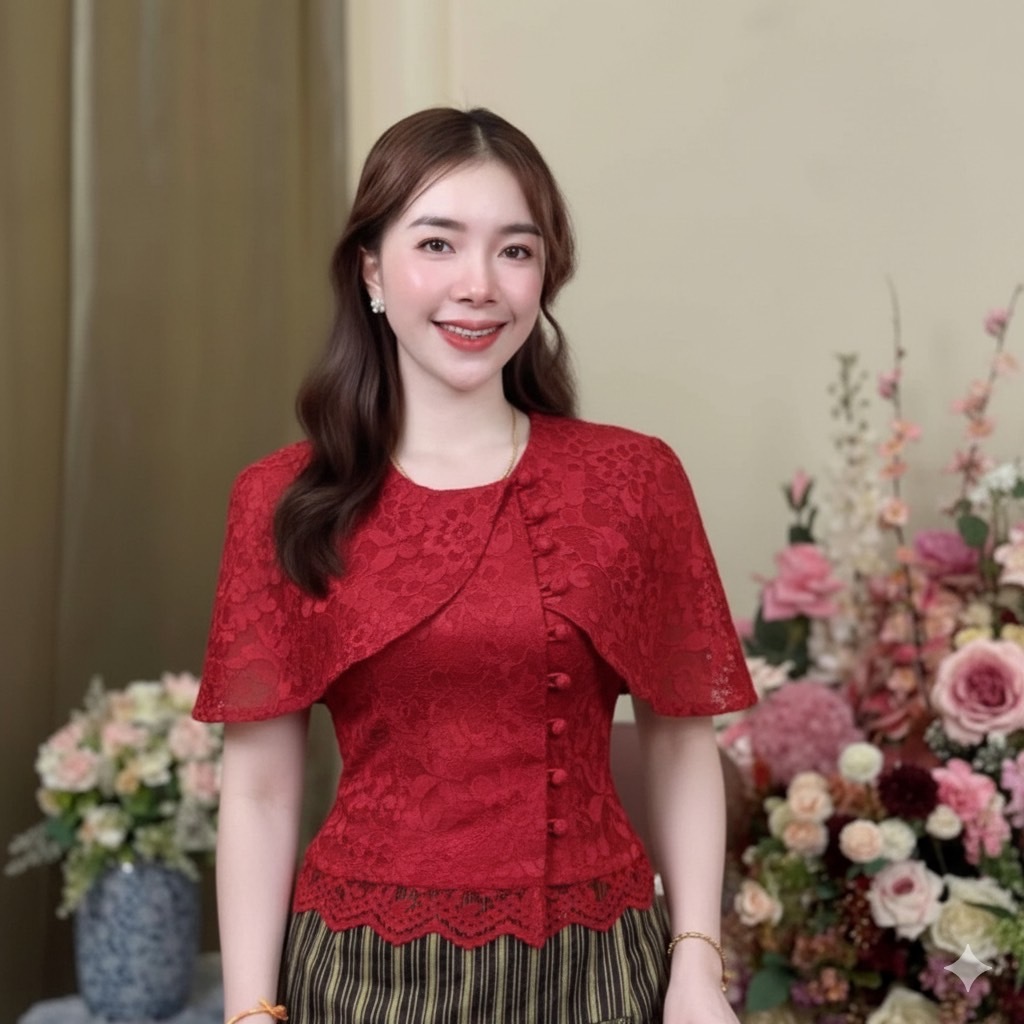 เสื้อลูกไม้ คอกลม กระดุมหน้า มี 7 สี อก 32-44 นิ้ว ชุดไทย ลูกไม้อัดกาวทั้งตัว รหัส AS