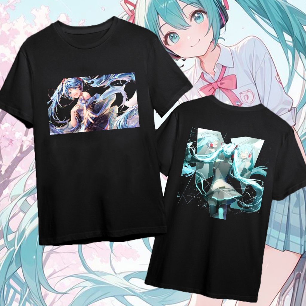 Hatsune Miku T-shirt Unisex Cotton  Cute Round Neck Top  ไม่มีการหดตัวหรือริ้วรอย ล้างทำความสะอาดได้