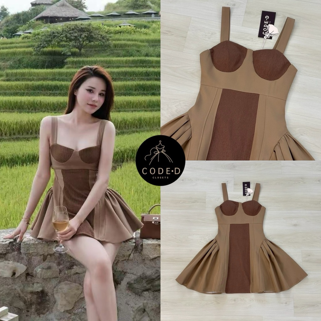 CODE-D CLOSETS มินิเดรสสายเดี่ยวทรูโทน สีน้ำตาล ช่วงอกเสริมฟองน้ำ ตัวกระโปรงแต่งจับจีบข้าง