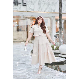(NK) เซต เสื้อครอปเชิ้ต+กระโปรงยาว สีพื้น ใส่แล้วสวยมาก (อก40-60“) ใครหางานอกใหญ่อยู่แนะนำ เสื้อผ้าสาวอวบอ้วน ไซส์ใหญ่