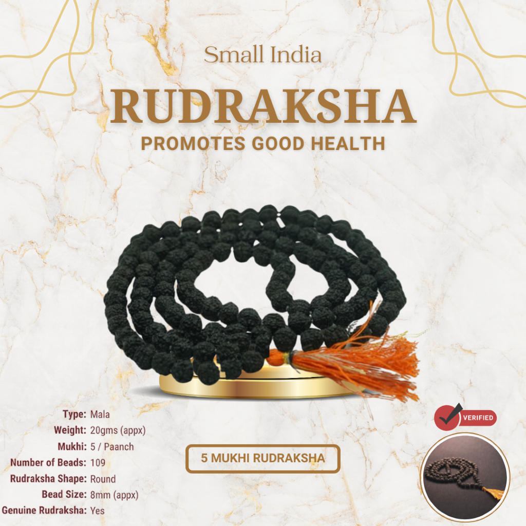 {**ส่งฟรี**} SMALL INDIA 📿🕉️ 5 Mukhi Black Rudraksha Mala Beads 📿🕉️ Rudraksha Mala