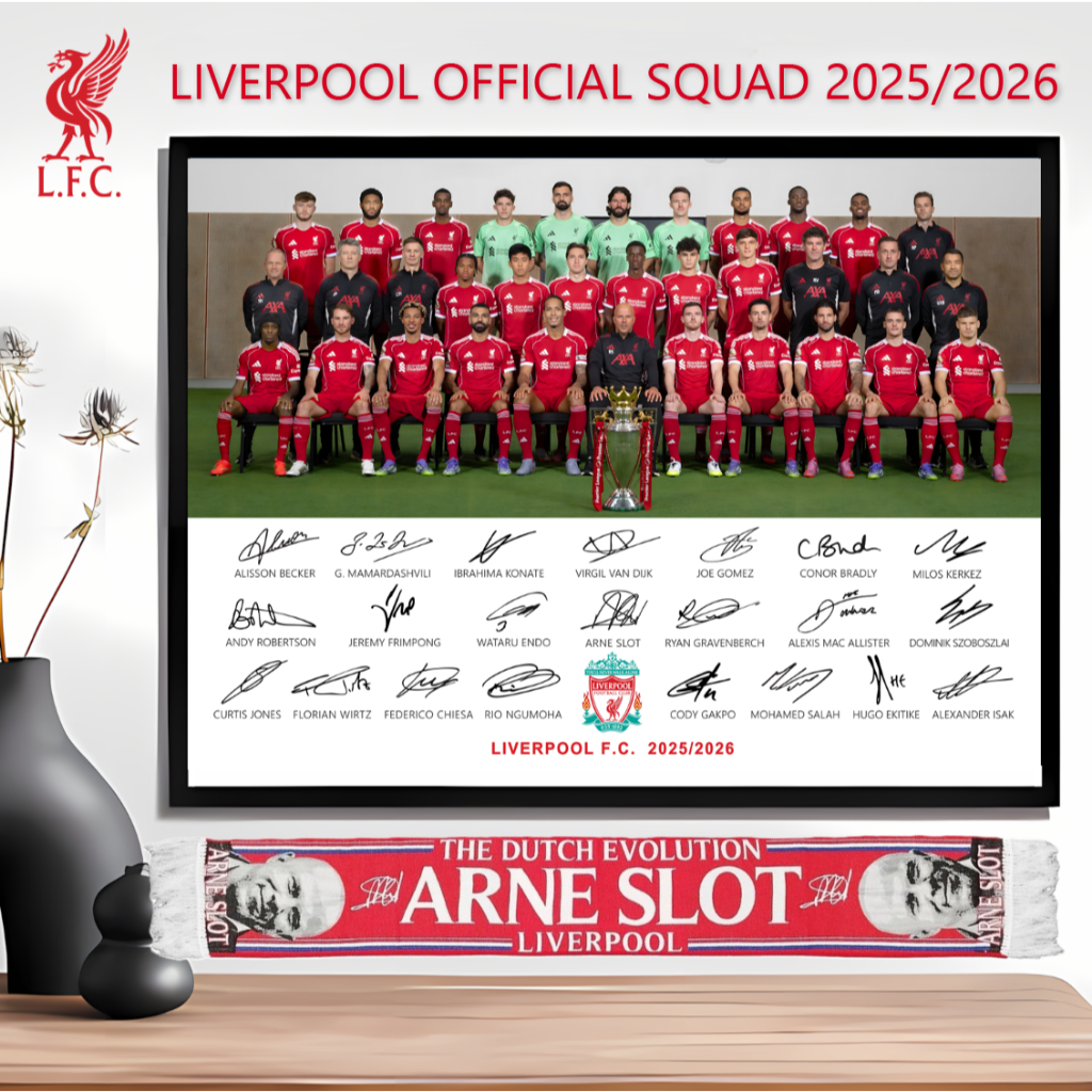โปสเตอร์ลายเซ็นนักเตะลิเวอร์พูล รูปถ่ายหมู่ Official 2025/26 พร้อมลายเซ็นนักเตะ! ไซส์ 18.5*26 นิ้ว