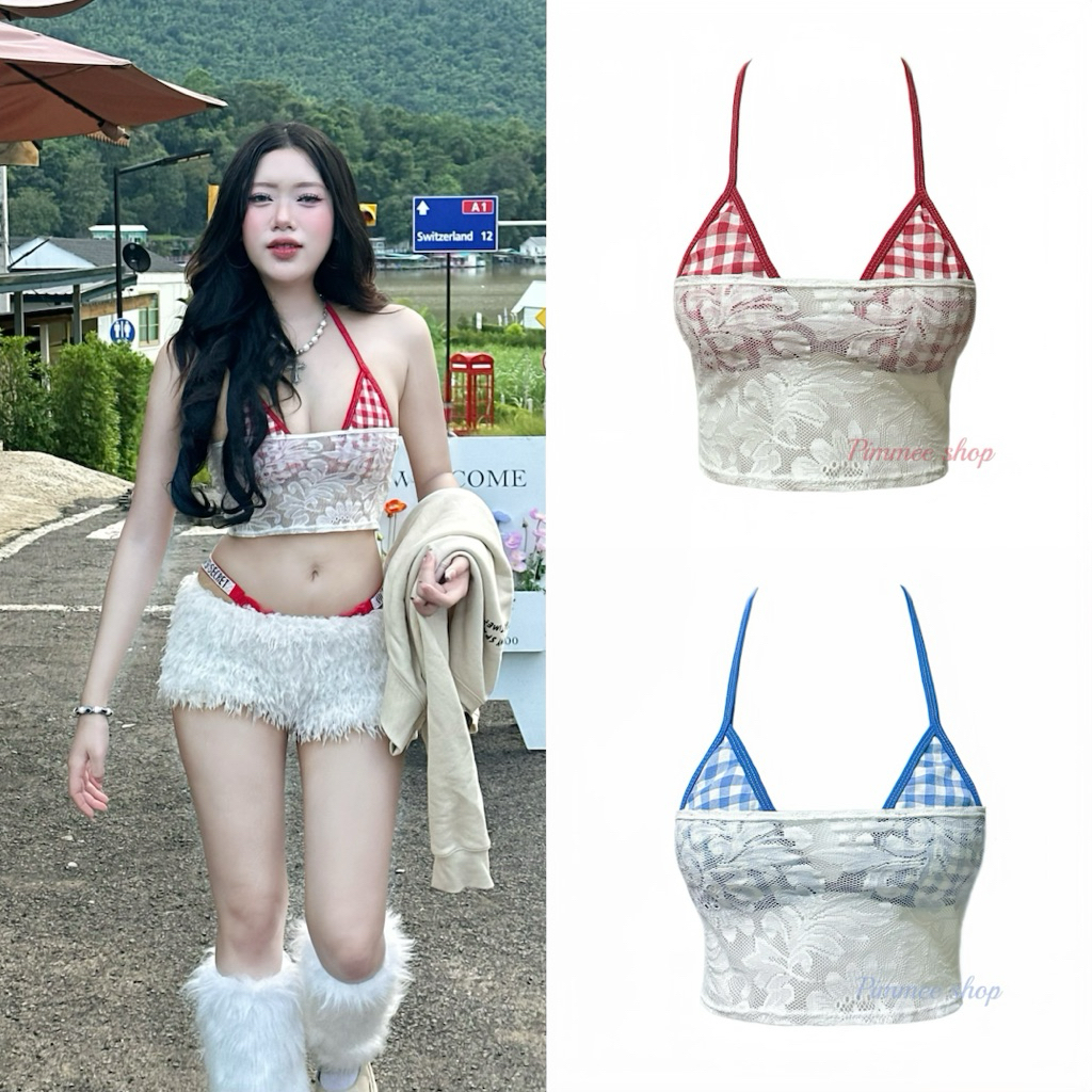 เซ็ตเกาะอกลูกไม้ บราลายสก็อต #พร้อมส่งในไทย🇹🇭 #เซ็ตสงกรานต์