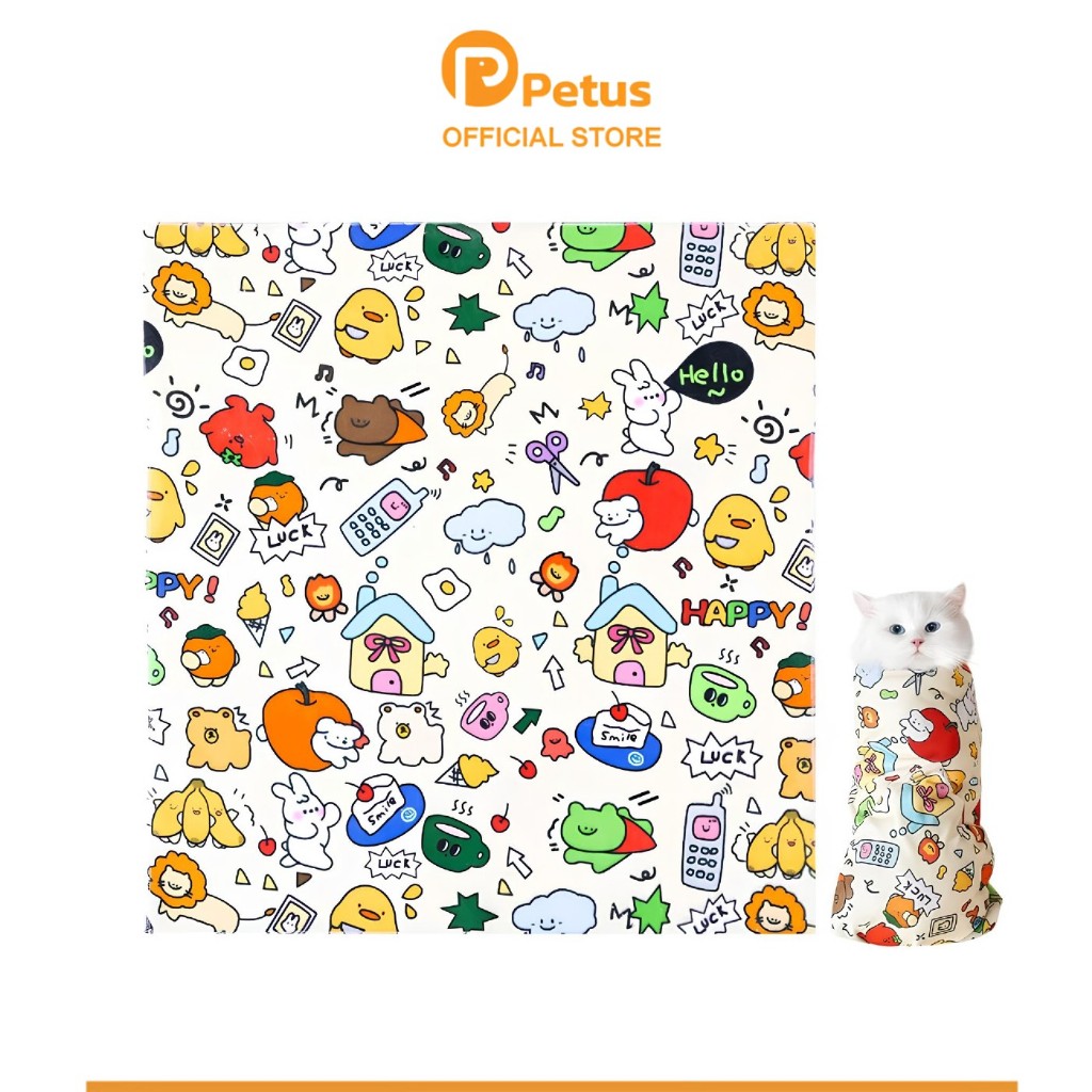 Petus ผ้าห่อแมว ผ้าห่อสัตว์เลี้ยง Cat Wrap Cloth กันดิ้น กันข่วน ลายน่ารัก ผ้าเนื้อนุ่ม น่าสัมผัส กันดิ้น และกันข่วน