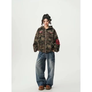 [Street style casual camouflage zip-up jacket]เสื้อแจ็คเก็ตแขนยาวลายพรางสไตล์สตรีทลำลองสำหรับผู้หญิง