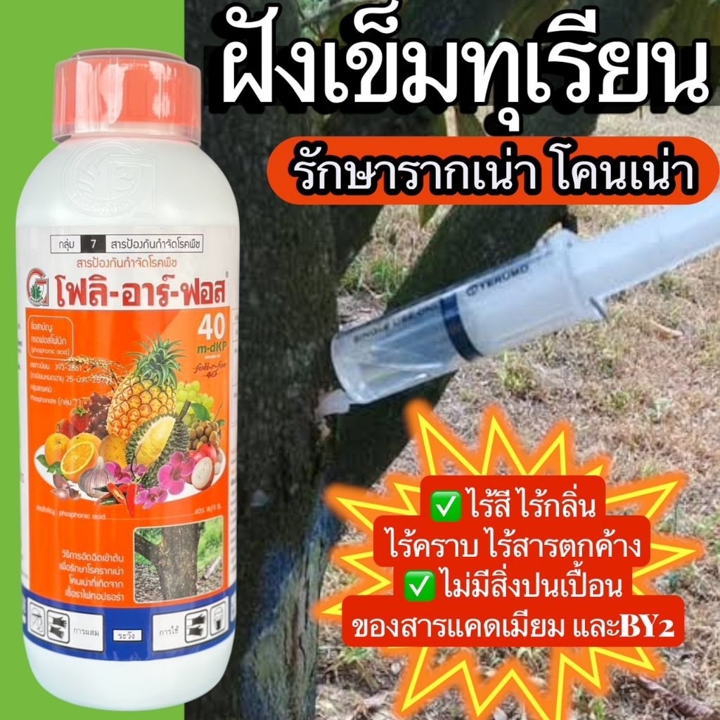 โฟลิอาร์ฟอส (กรดฟอสโฟนิก)ขนาด1ลิตร เป็นสารป้องกันเชื้อราในกลุ่มไฟทอปธอร่า เช่น โรครากเน่า โคนเน่า ในทุเรียน ส้ม กล้วยไม้
