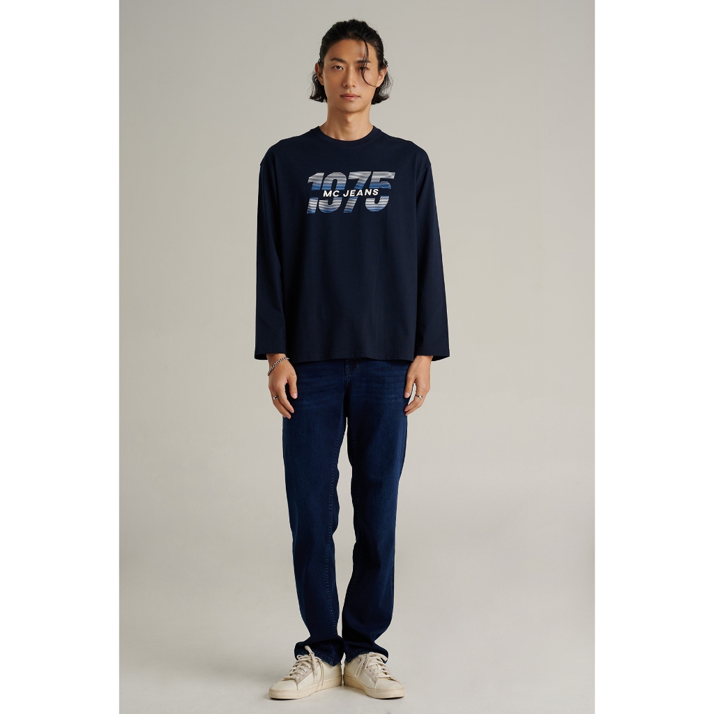 Mc JEANS تيشيرت رجالي واسع بأكمام طويلة قطن 100% — كحلي