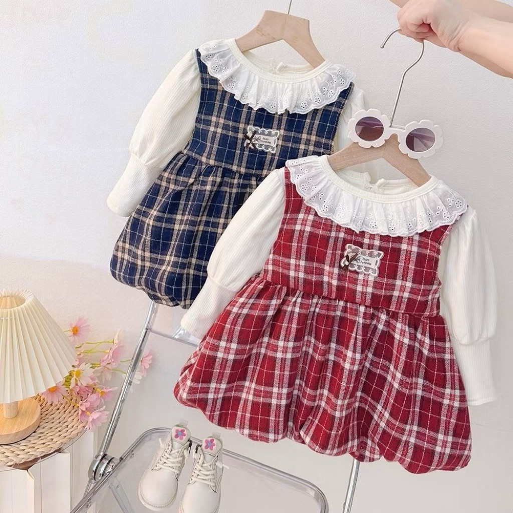 🧸พร้อมส่งจากไทย🧸ชุดเดรสเด็กลายสก๊อตแขนยาวน่ารัก