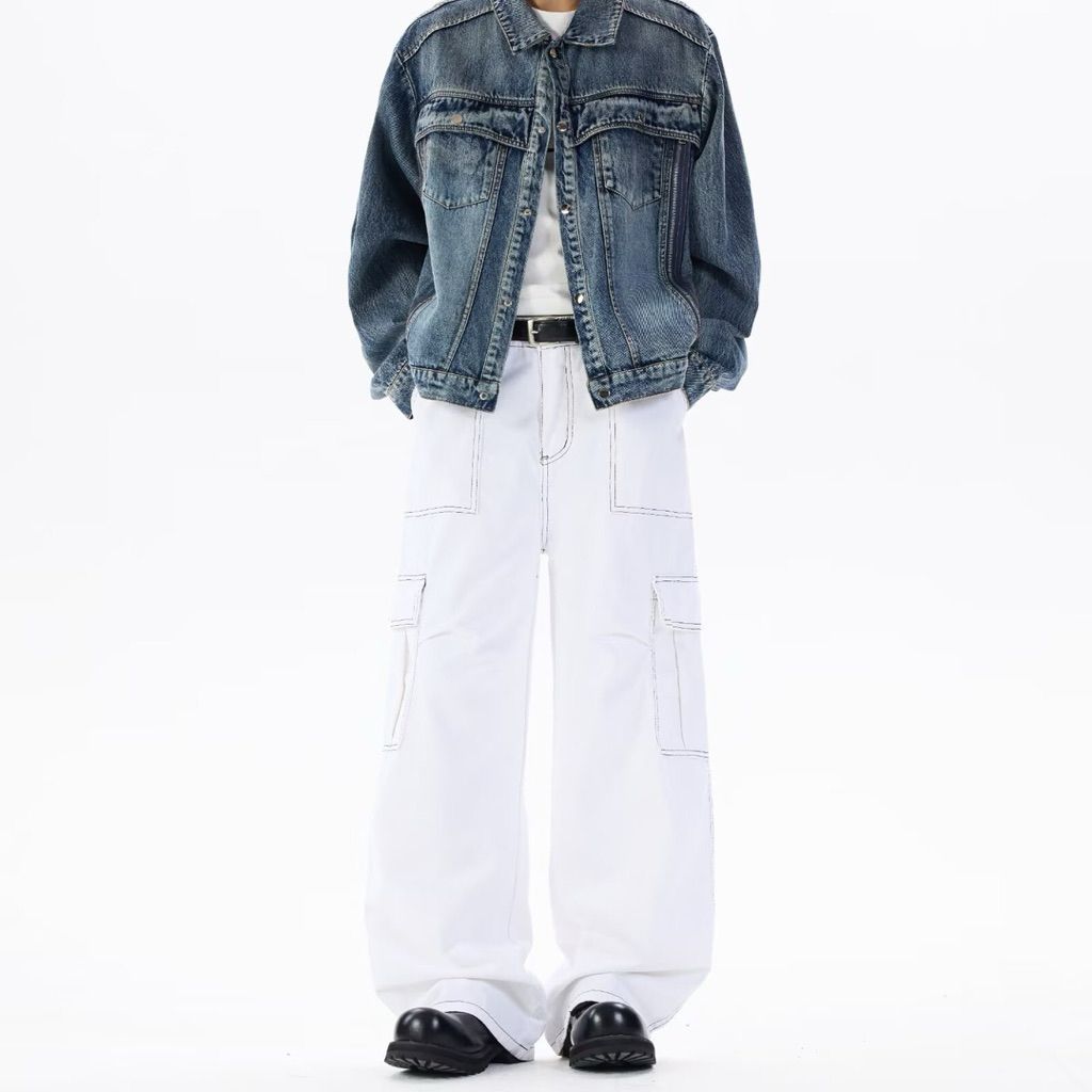กางเกงทรงกระบอก cargo white pants