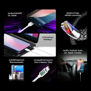 ZTEC ZC322S สายชาร์จเร็ว USB-C to USB-C 5A 240W รองรับเทคโนโลยี PD และ QC วัสดุสายถัก ยาว 2 เมตร -2Y