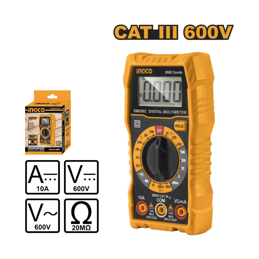 INGCO ดิจิตอลมัลติมิเตอร์ รุ่น DM2002 วัดแรงดันไฟฟ้า AC/DC 600V. กระแสไฟ DCA 10A. หน้าจอ LCD แสดงผล 2000 หลัก