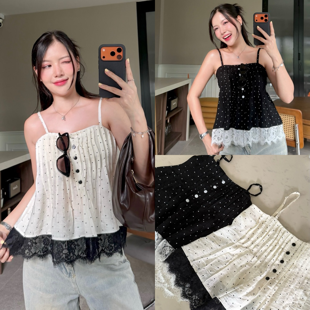 M101-เสื้อสายเดี่ยวชายลูกไม้ลายจุดเล็ก ผ้าพริ้ว ใส่สบายมาก