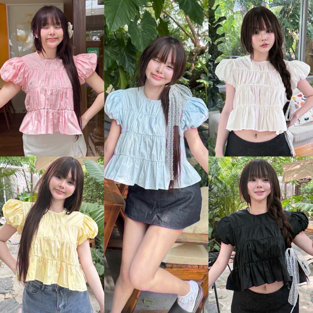 Petite♡︎ Belly top เสื้อครอปย่น แขนบอลลูน ทรงน่ารัก