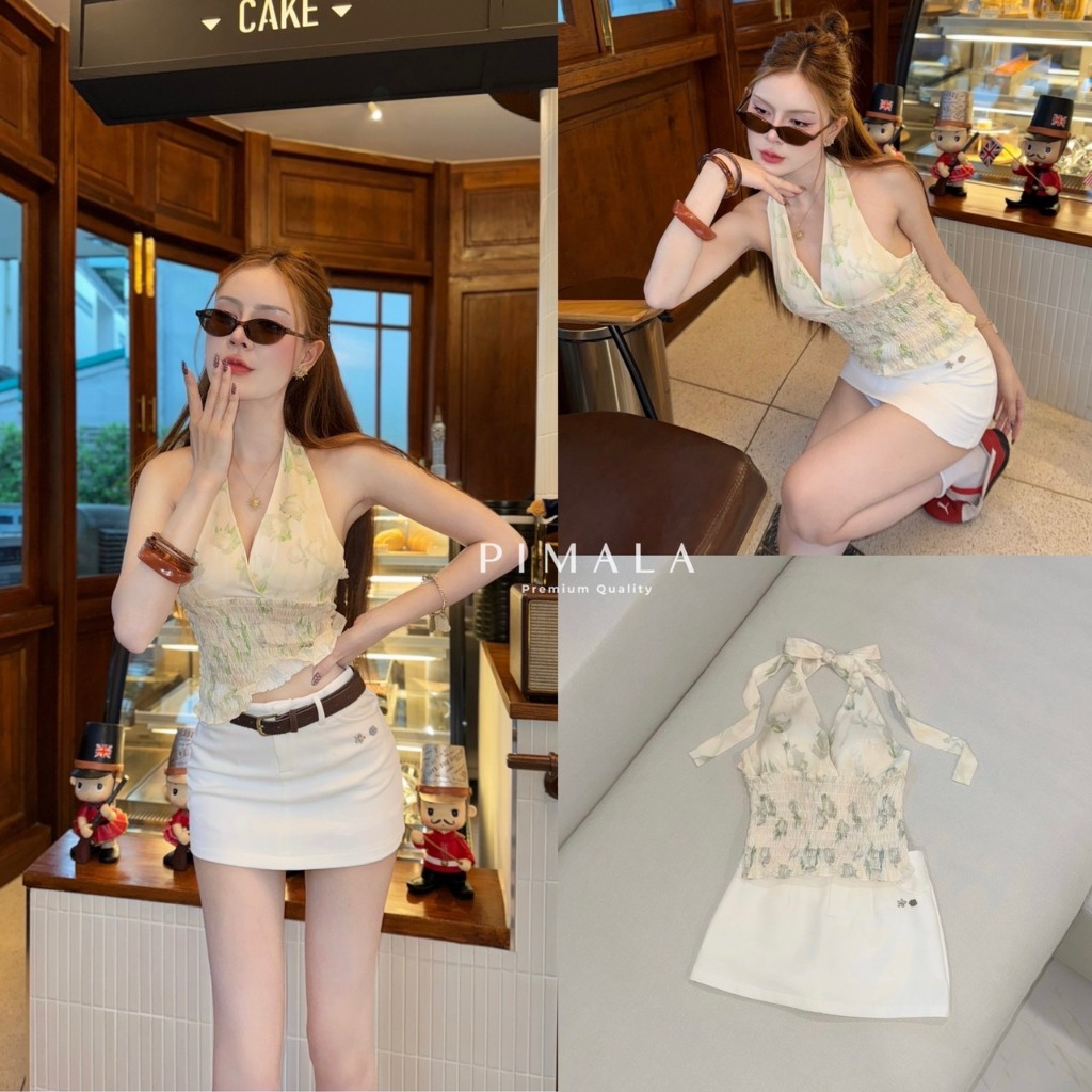 Pimala Setเสื้อสายผูกโบว์+กระโปรงสั้นสีขาว