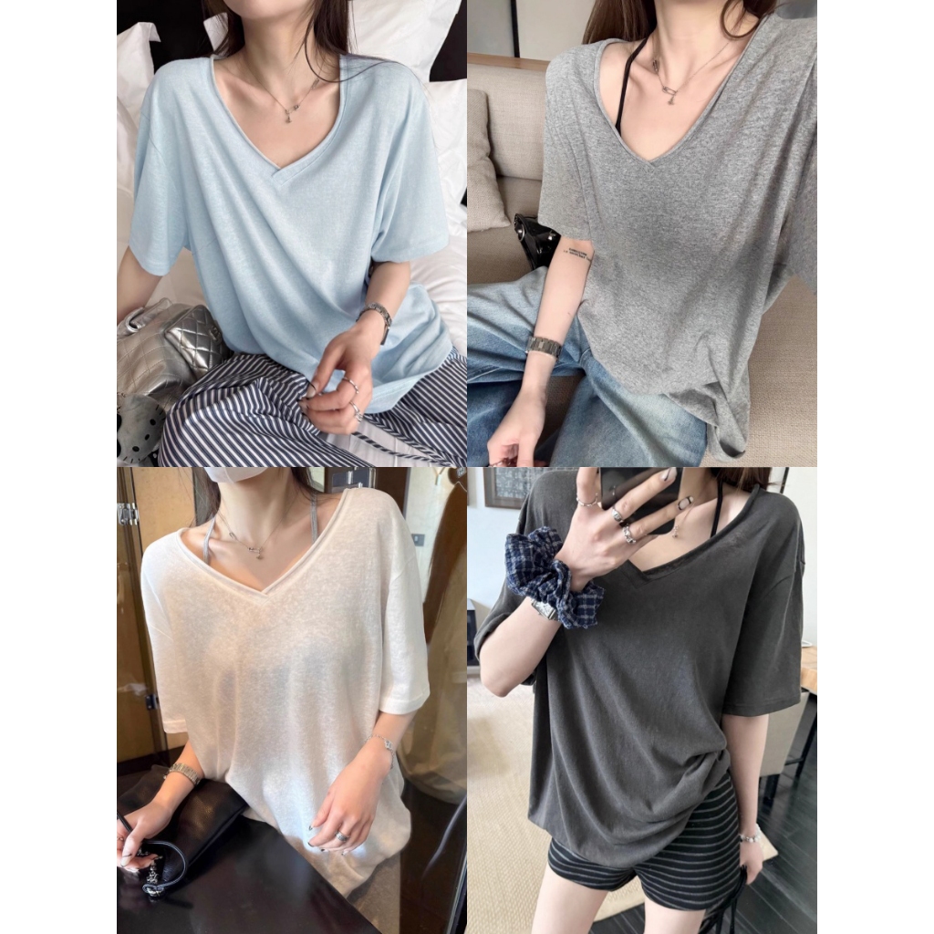 เสื้อแขนสั้น สื้อแขนสั้นผู้หญิง ทรงหลวม คอV แมทช์ง่ายมาก#2411