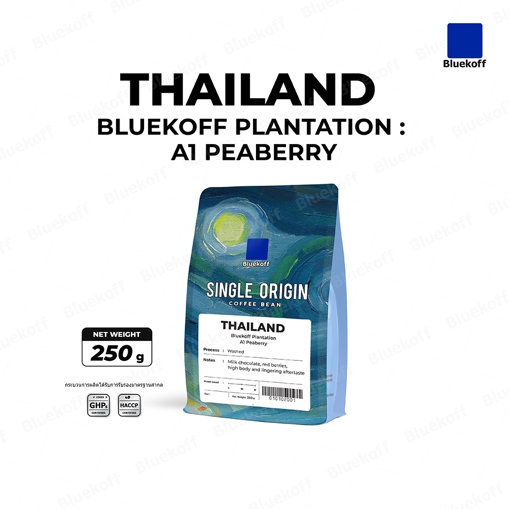 Bluekoff Plantation: A1 Peaberry เมล็ดกาแฟไทย อราบิก้า 100% Arabica 100% (1 ถุง บรรจุ 250 กรัม)