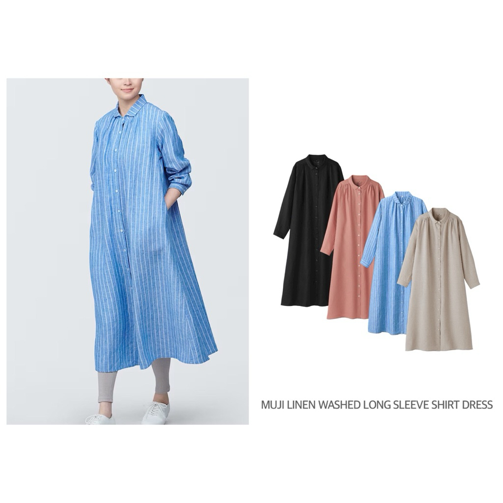 MUJI ชุดเดรสเชิ้ต ผ้าลินิน คอปก LINEN WASHED LONG SLEEVE SHIRT DRESS (C0206)